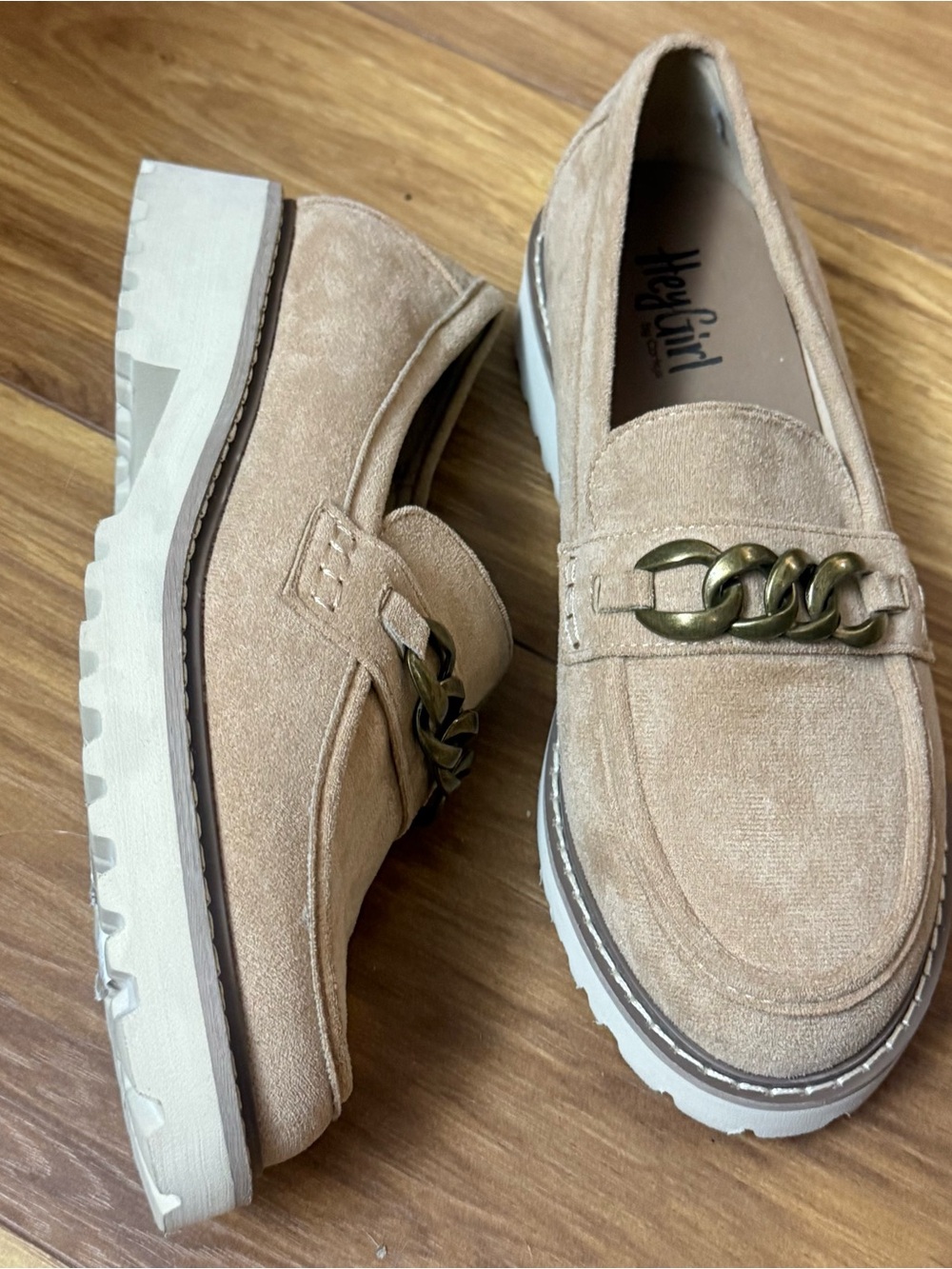 Hey Girl By Corkys Womens Suede Chunky Sole Loafers W/ Chain Detail brown Size 9